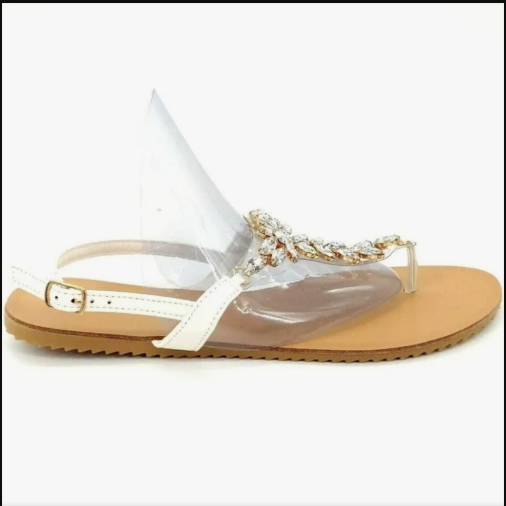 NIB Mudan Womens Flat Heel Thong Ankle Strap Sandal White and Rhinestones